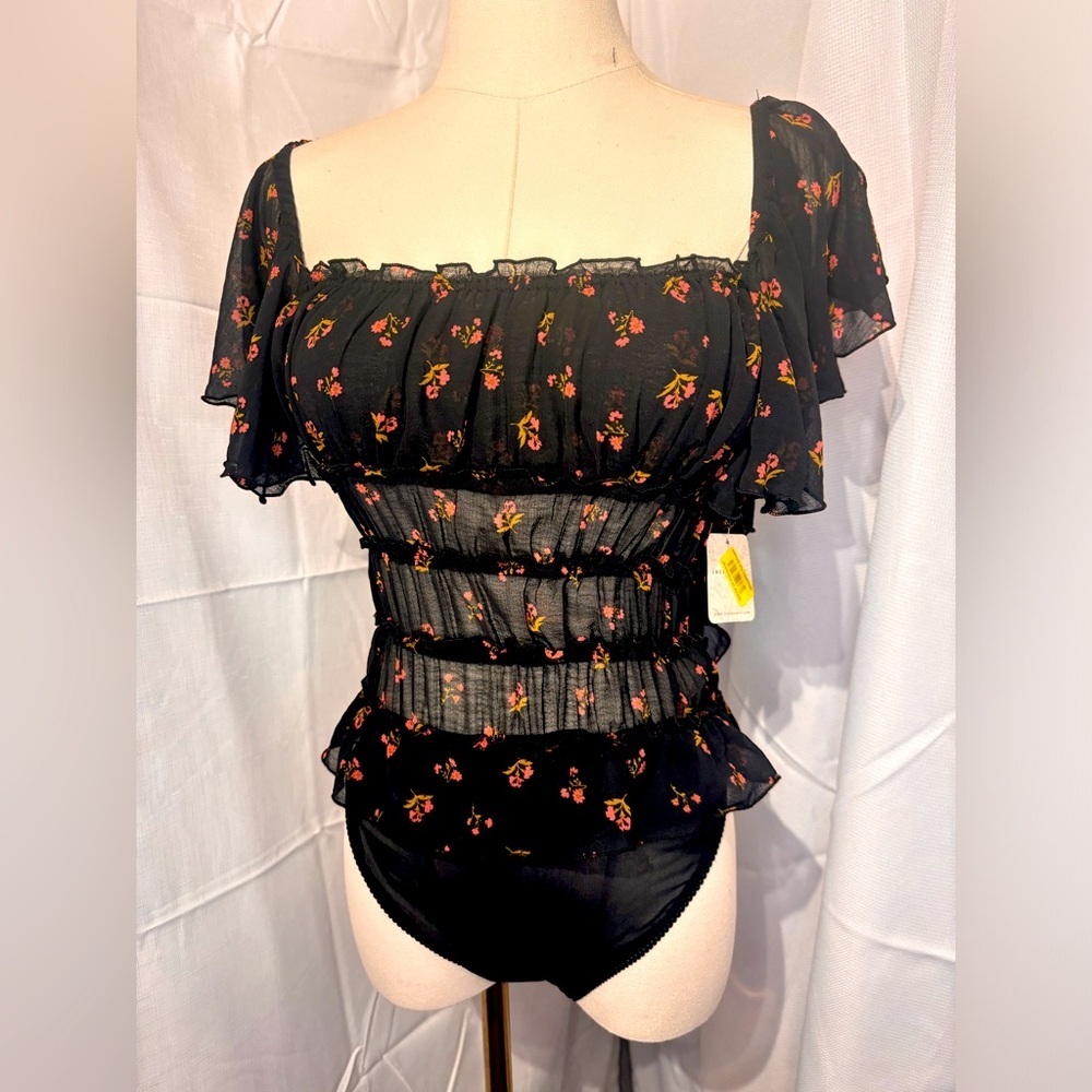 (NWT) Intimately Free People - Black Sheer Floral Ruffle Bodysuit